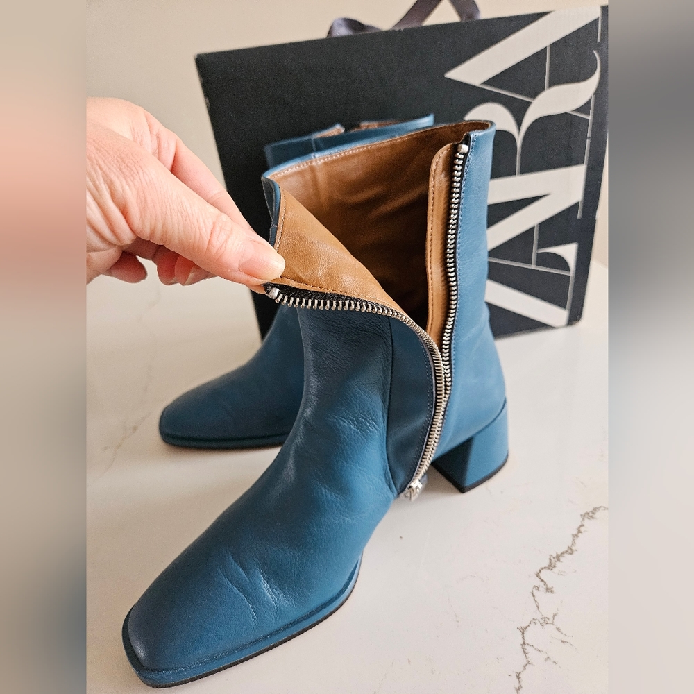 Zara LEATHER MID-HEEL ANKLE BOOTS US 7.5 EUR 38 BLUE - Picture 4 of 11